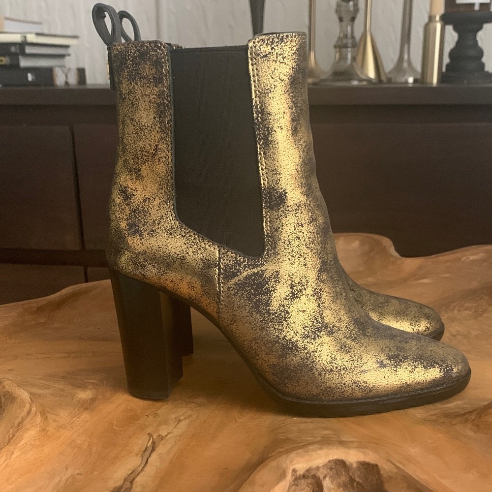 Ralph Lauren gold metallic stack heel boots